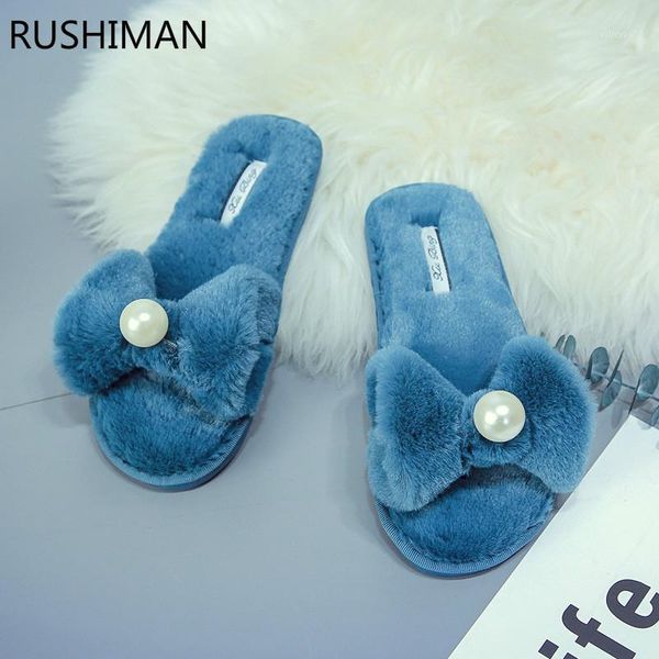 

rushiman new pearl hair slippers women spring winter home slippers flooring flat-bottomed anti-skid blue size 35-401, Black