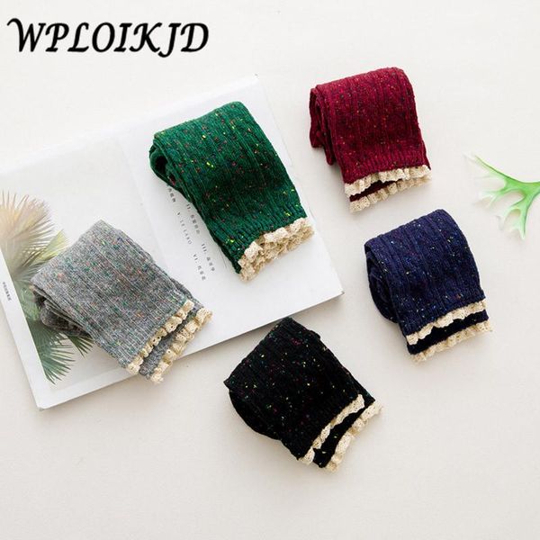 

socks & hosiery [wploikjd]korean harajuku warm meias cotton cute heap candy color yarn lace women sox calcetines mujer, Black;white