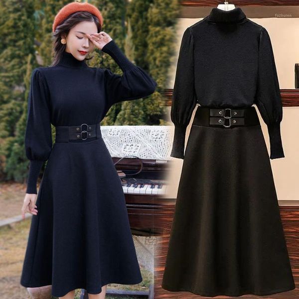 

women 2021 autumn winter two pieces sets female loose casual knitted pullover sweater +high waist a-line skirt 2 piece suit1, Gray