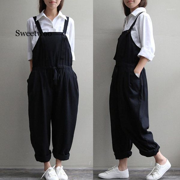 

women summer casual plus size oversized jumpsuits bib loose long trousers fashion 20201, Black;white