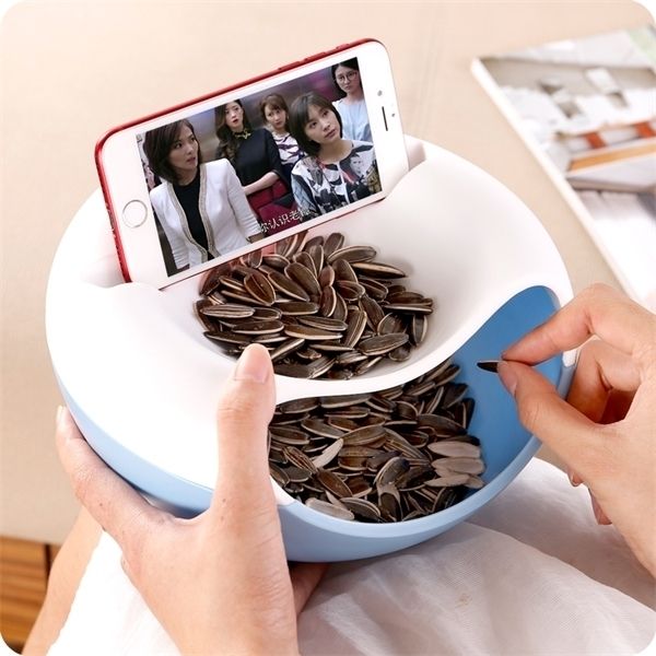 

creative plastic snack food plate with double layer peel for nuts fruit seeds snack bowl phone holder storage