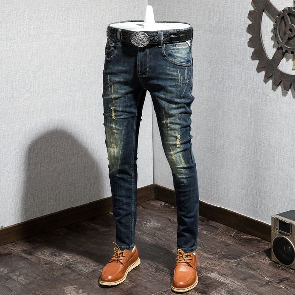 

new men's washed denim jeans pencil pants ny long male trousers hole j69, Blue
