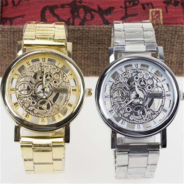 

imitation popular korean double-sided hollow fashion mechanical large dial roman digital men's steel band quartz watch, Slivery;brown