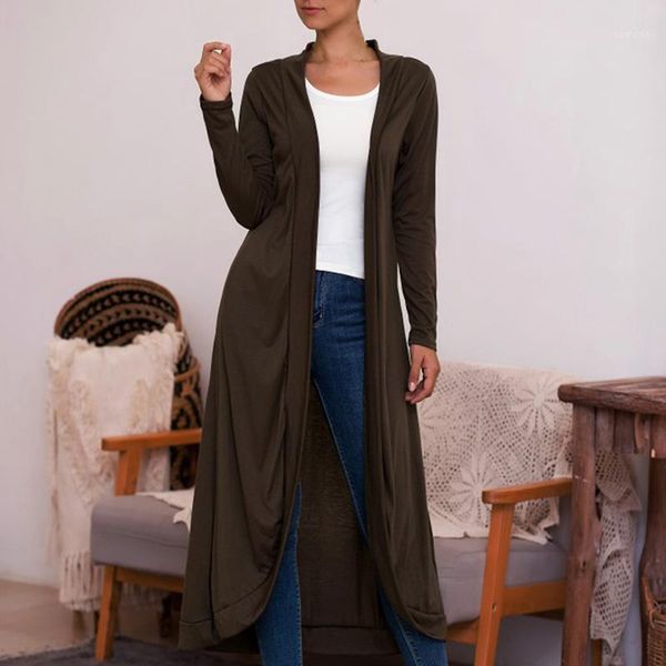 

women autumn winter casual solid color long section slim long-sleeved cardigan fashion coat1, Tan;black