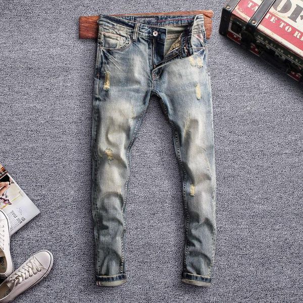 

men's jeans italian style fashion men retro color slim fit ripped streetwear vintage designer homme1, Blue