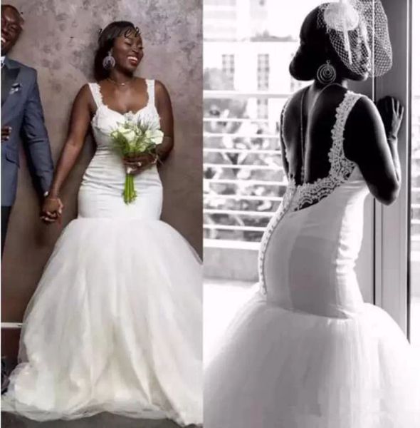 

2022 mermaid wedding dressesbridal gown straps backless lace applique tulle chapel train custom made vestido de novia plus size beach countr, White