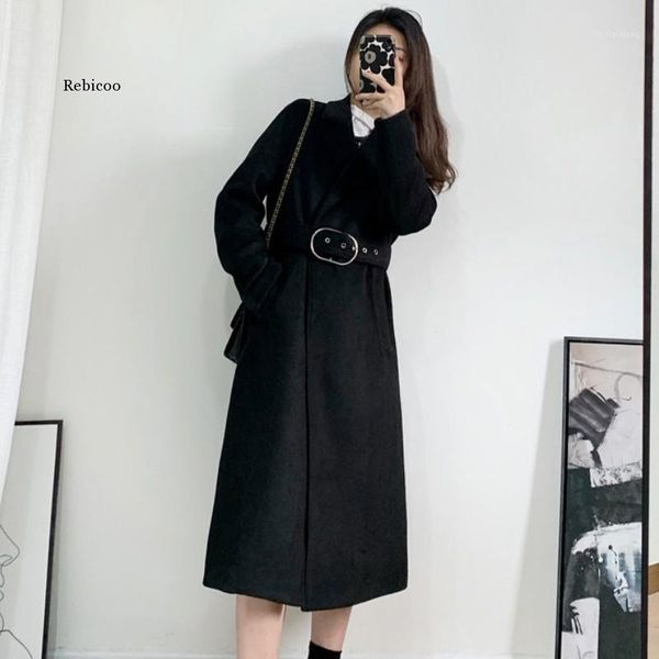 

women's wool & blends high qulity woman winter wooled blend long coat with belt office lady fashion outerwear female1, Black