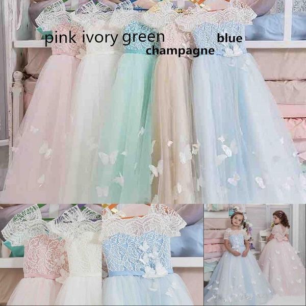 

beautiful butterfly flower girls dress sqaure neck lace appliques bow short sleeve girls pageant gown lovely floor length dress1, Red;yellow