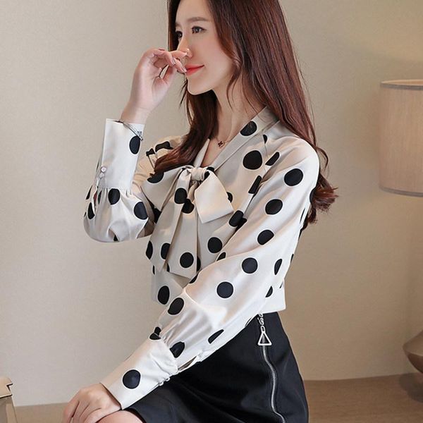 

korean women chiffon shirt women long sleeve blouses plus size office lady polka dot blouse shirts blusas full fashion top, White