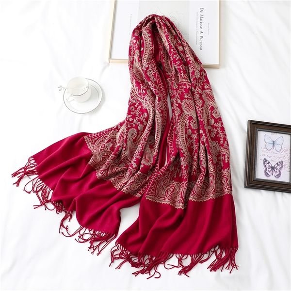 

women winter scarf luxury embroidery cashmere lady embroidery shawls wraps foulard solid tassel bohemian warm echarpe y201024, Blue;gray