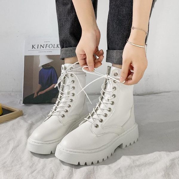 

nice white black pu leather ankle boots fashion motorcycle platform botas women autumn round toe lace up shoes woman