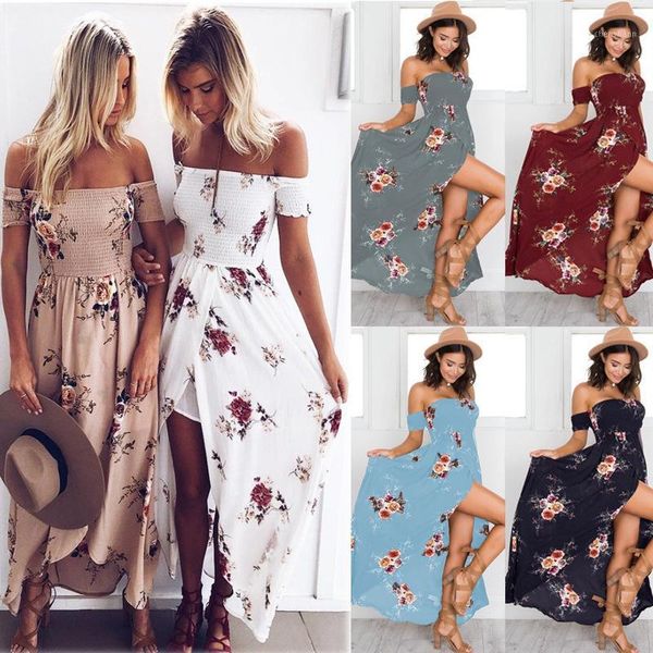 

casual dresses lossky 2021 women side split summer dress off shoulder vintage print maxi beach vestidos1, Black;gray