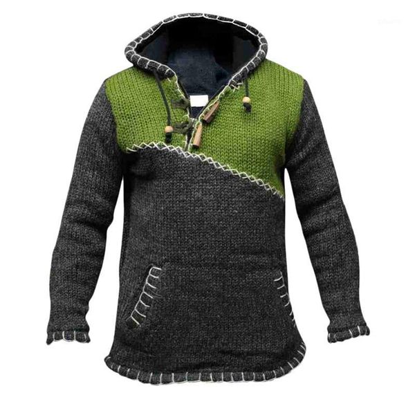 

knitting men's sweater hooded long sleeve pocket color matching large size personality casual pullover green1, White;black