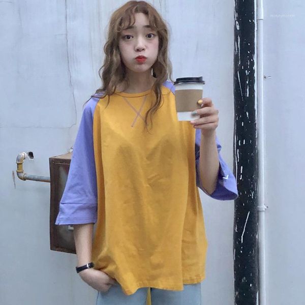 

women's t-shirt harajuku summer women t-shirts ulzzang patchwork colorful half sleeve loose t shirt hip hop streetwear korean casual te, White