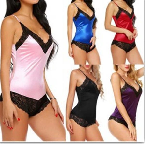 

selling lingerie sling conjoined imitation ice silk underwear for women 2020 new fashion solid color erotic lingerie bodysuit, Black;white