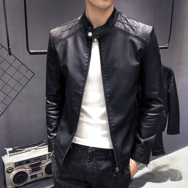 

new men's stand collar motorcycle leather jacket for men in autumn 2020, Black;brown