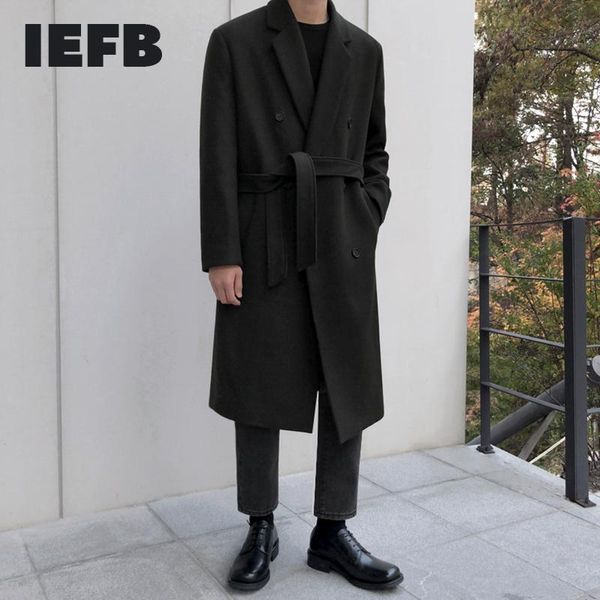 

men's wool & blends iefb korean fashion woolen coat winter thickened mid length loose oversized long with belt causal cloth 9y4547, Black