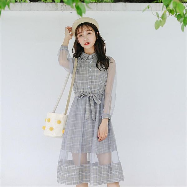 

womens 2020 dresses japanese kawaii lady autumn openwork transparent plaid dress female cute korean harajuku clothes for women, Black;gray