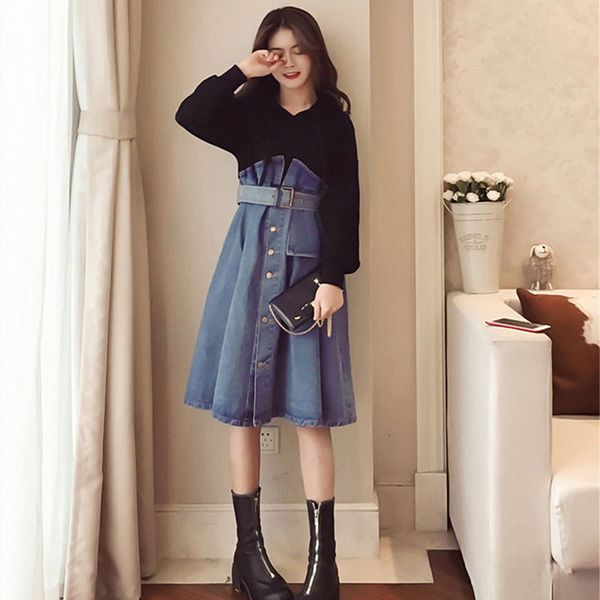 

autumn winter new denim splicing sleeve t-shirt skirt medium and long hong kong style waist closing women's net red queen's