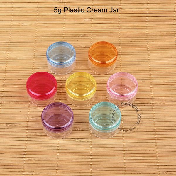 140pcs / Lote Atacado plástico 5g Facial Creme Jar Cosmetic 1/6 oz recipiente vazio Amostra Pequena Pot Mix Lid Mini Eyeshadow Vial
