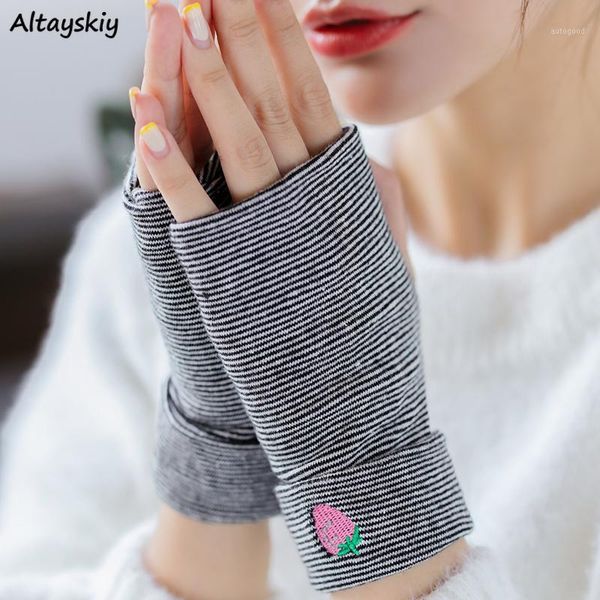 

five fingers gloves women embroidery sweet warm strawberry fingerless winter mittens womens all-match korean style girls harajuku students1, Blue;gray