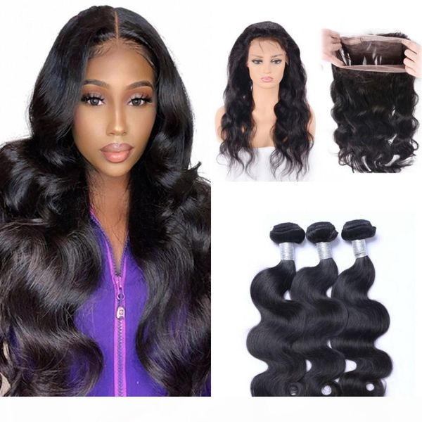

pre plucked 360 lace frontal with 3 bundles malaysian human hair weave body wave 4 pieces lot virgin hair, Black;brown