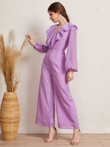 

layered ruffle collar bishop sleeve mesh jumpsuit u9oo#, White