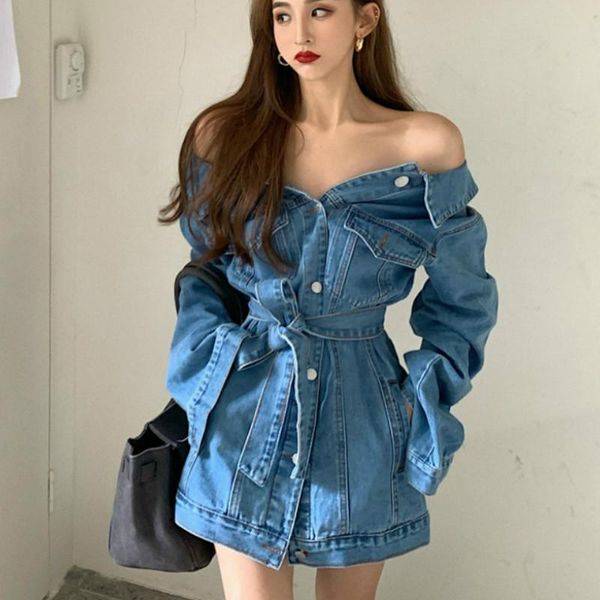 

women off shoulders high waist denim pockets jeams jacket autumn retro loose mid-length single-breasted shirts dress, Black;brown