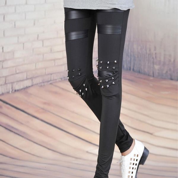 

2017 fashion women punk knee rivet studs spike faux leather patch leggings legwear trousers calzas deportivas mujer fitness, Black