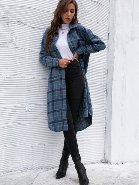 

plaid print drop shoulder overcoat a6ox#, Black