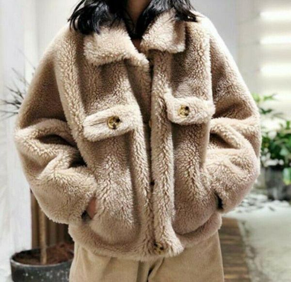 

women's wool & blends women short blend jacket winter button lapel cashmere faux fur coat s-6xl, Black
