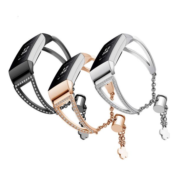 

fitbit 3 smart bracelet charge 4 metal stainls steel diamond set adjustable chain strap