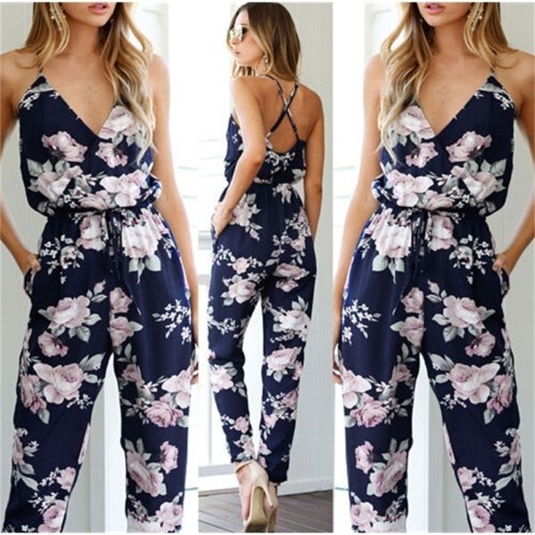 

women clothes playsuit bodycon party jumpsuit romper trousers backless v-neck women's floral clubwear summer y200422, Black;white