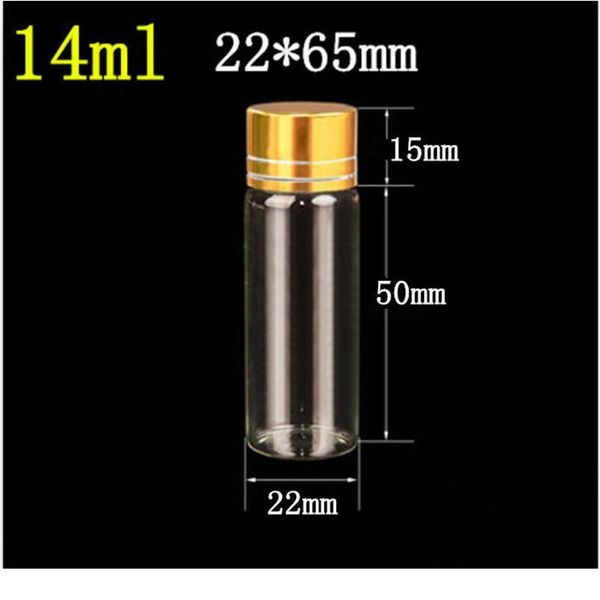 

22*65*14mm 50pcs 14ml empty glass bottles aluminium screw golden cap transparent clear liquid gift container wishing bot jllard