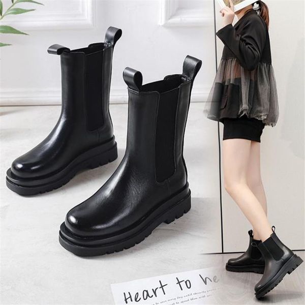 

boots women's 2021 thick soled short leather chimney, Black