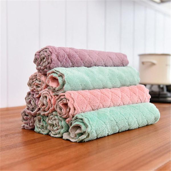 

towel 5 pcs/lot 25x25cm small double-sided absorbent kitchen dishcloth non-stick oil wipes scouring pad coral fleece hand