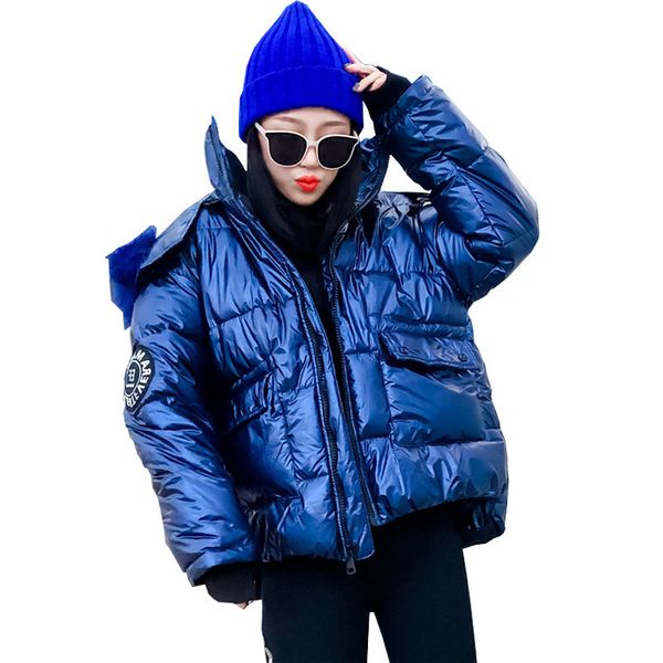 

2020 зимних курток женских глянцевых пальто толстой сыпучая светлая сторона теплой куртка женских меховой воротник короткий капюшон ветрозащ, Black;brown