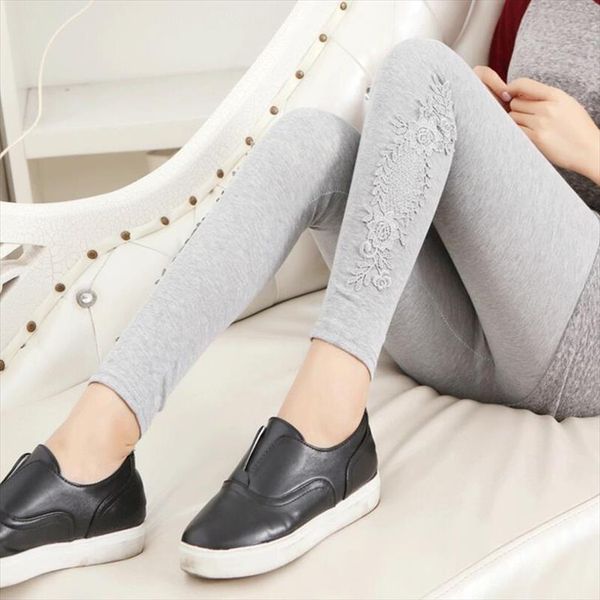 

fashion cotton solid hollow leggings office lady pant flower personalized printing lace stitching trousers women elastic legging, Black