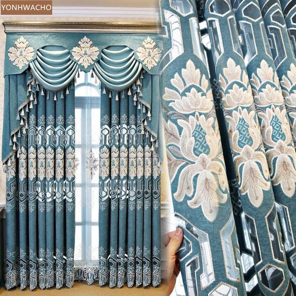 

curtain & drapes custom european noble living room luxury embroidered chenille blue green cloth blackout valance tulle panel c1581