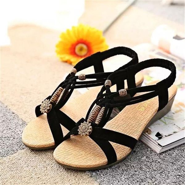 

fashion slope with sandals female nice summer new bohemia beaded fish head sandals foreign trade shoes, Black