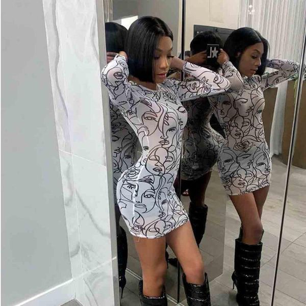 

new print see-through mesh cloth summmer dress 2021 slim fit long sleeve casual high street party mini dress woman, Black;gray