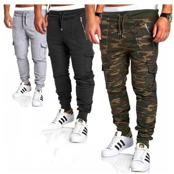 

men's jogging pocket design sweatpants new cotton camouflage men's fitness multi-pocket jogging pants fashion training pants, Black