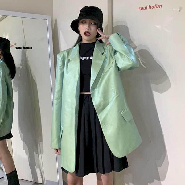 

2021 autumn women suit casual notched blazers loose jacket single breasted korean high street solid suit female streetwear1, White;black