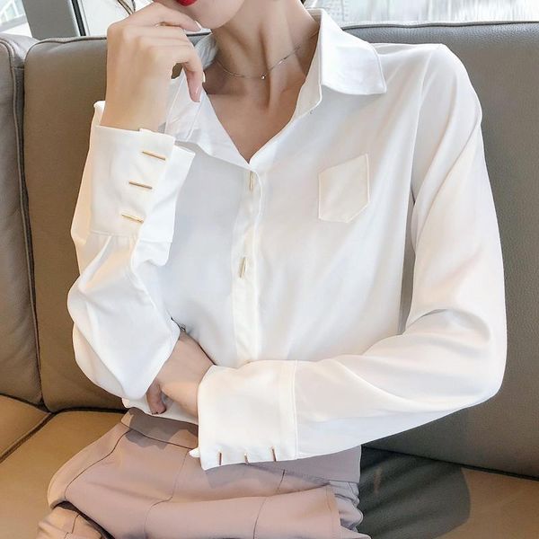 

2020 new women solid gold button pockets chiffon blouse vintage office lady elegance long sleeve white shirts korean style 1