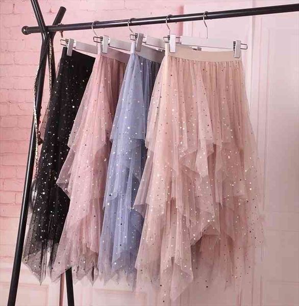 

shiny stars sequins irregular tulle skirts women spring chic fairy sweet cake mesh skirt female elegant lady faldas, Black