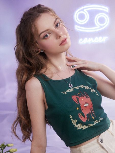 

romwe x thiagocorrea starsalign cancer crab graphic ribbed crop tank v5mj#, White