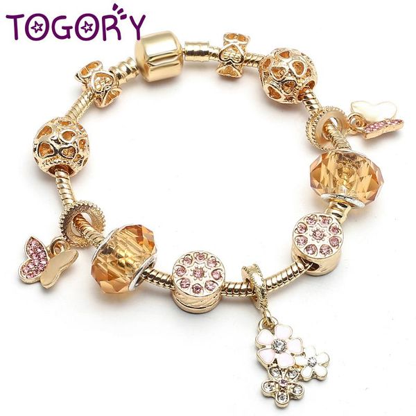 

togory blooming daisy pendant charm bracelets for women gold color crystal murano glass beads snake chain brand bracelet jewelry, Golden;silver