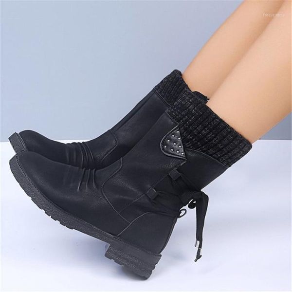 

boots 2021 winter women's fashion women mid-calf retro zipper low-heeled warm for shoes botas mujer1, Black