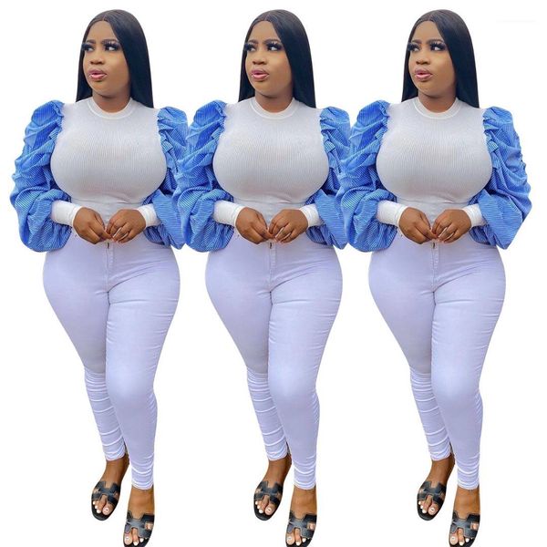 

tshirt autumn lantern sleeve blue and white panelled tees fashion casual ladies womens designer luxury