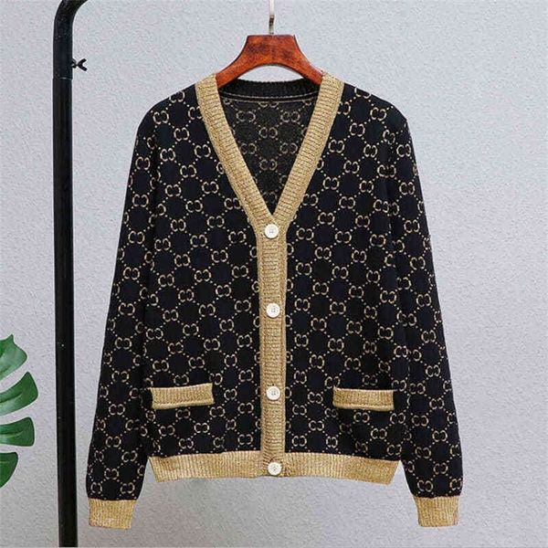 

high version vintage gold thread knitted cardigan autumn and winter new style v-neck loose thin aging jacket, Black;brown